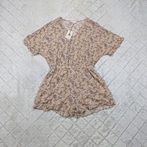 Easel Romper Women's L Beige Floral Easing Along Loose Fit Ruffle Hem V-Neck